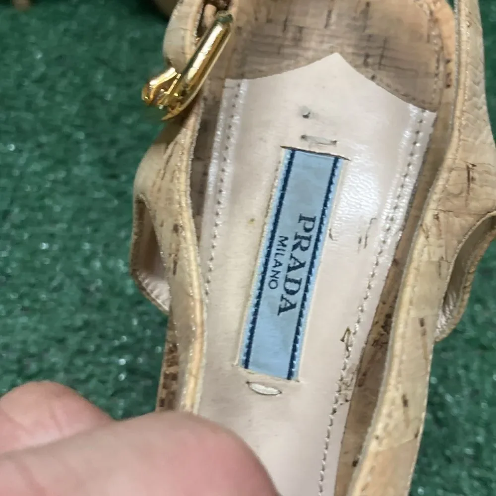 Prada Natural Cork Platform Sandals with Gold Buckles